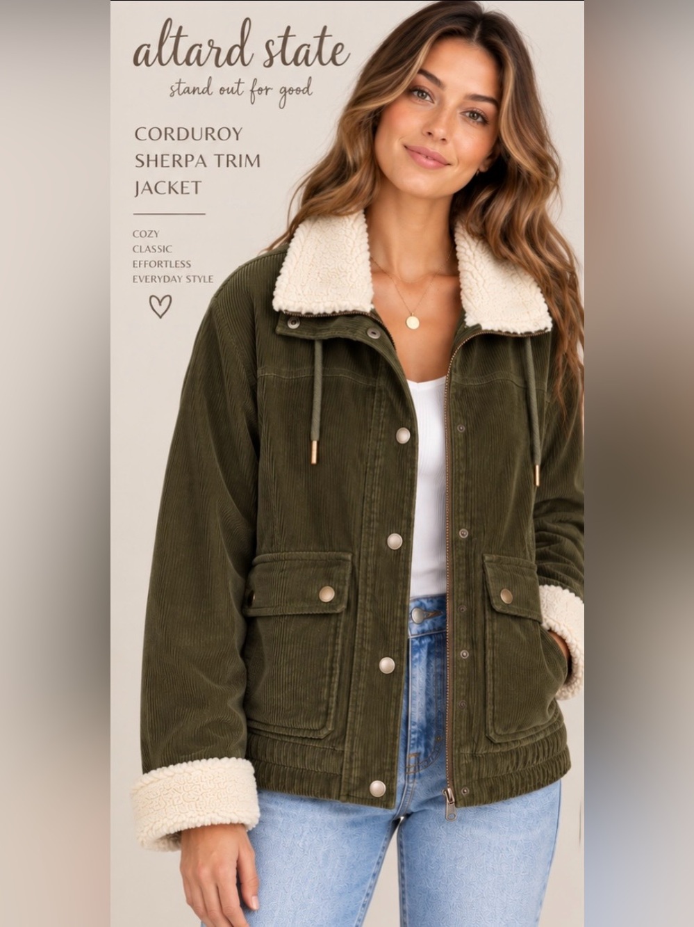Altar’d State Olive Corduroy Sherpa Trim Utility Jacket Coat Cream Ivory Size XS